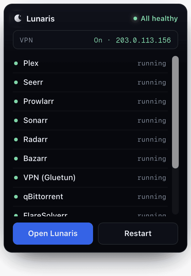 The Lunaris menu bar panel: every service with its status, the VPN line, and restart controls